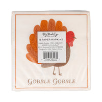 Pack of 18 Thanksgiving napkins with turkey illustration and “Gobble Gobble” gold foil