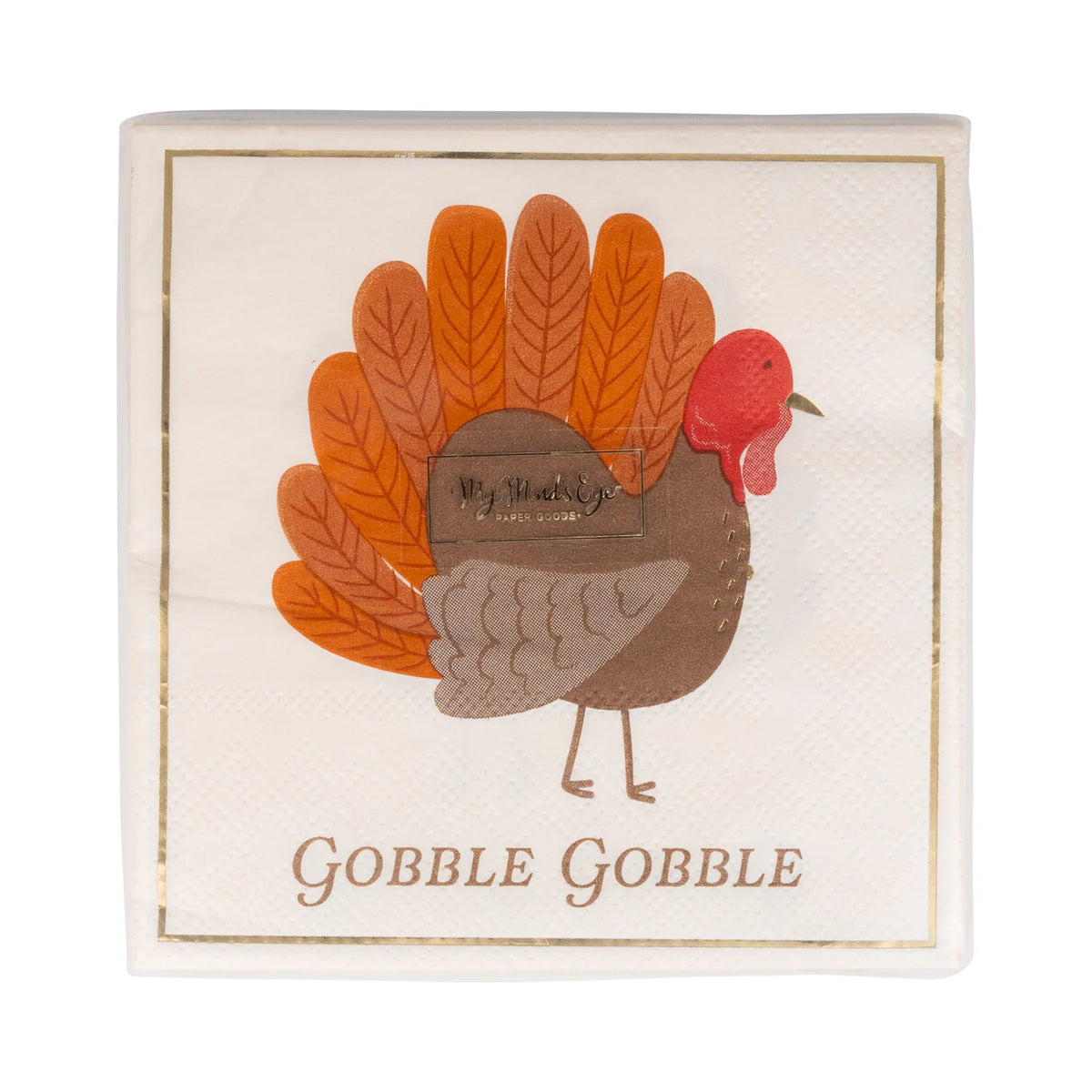Front view of turkey napkins pack showing fall colors and gold border