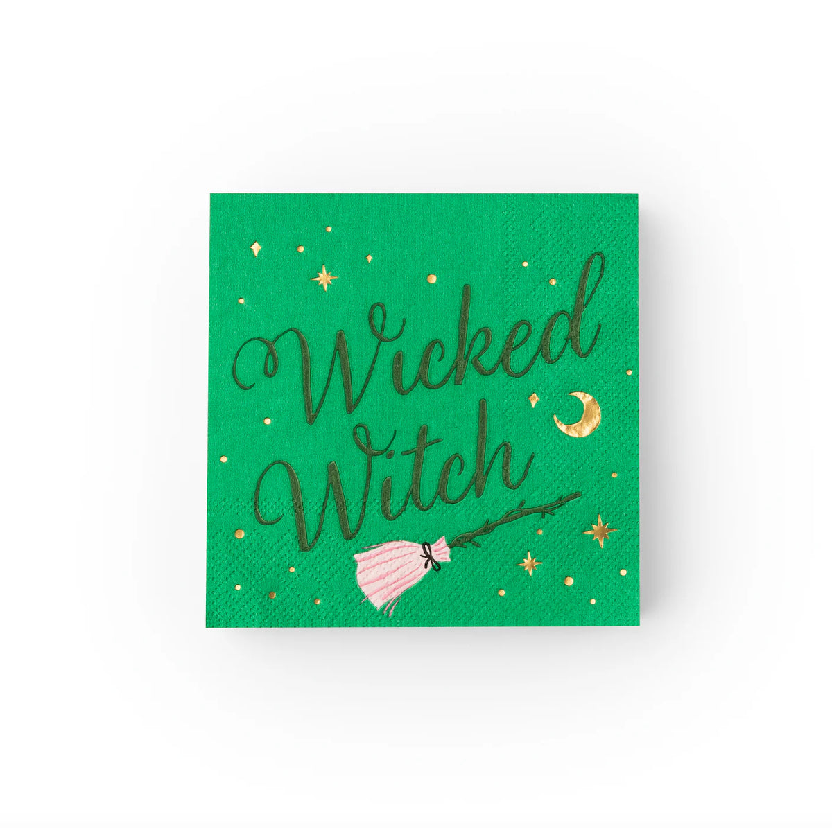 Side stack of green wicked napkins, cocktail size halloween napkins