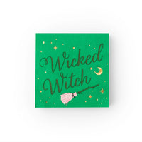 Side stack of green wicked napkins, cocktail size halloween napkins