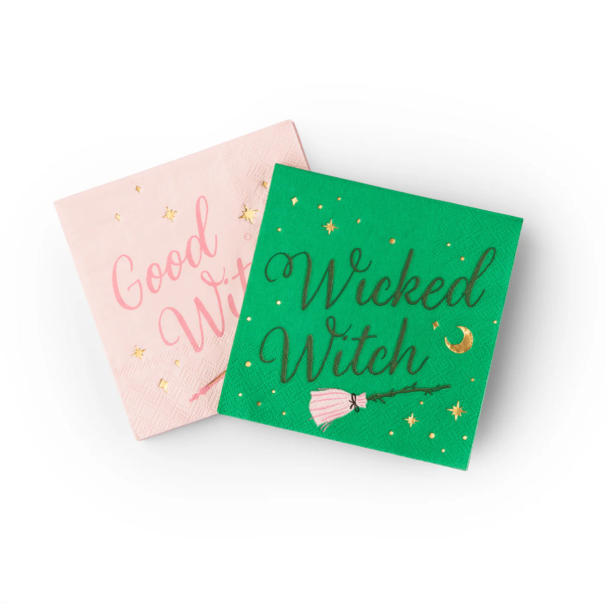 Good Witch and Wicked Witch halloween napkins shown flat, two designs