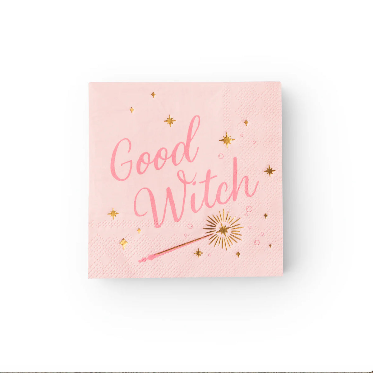 Side stack of pink witch napkins, party ready halloween napkins