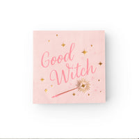 Side stack of pink witch napkins, party ready halloween napkins