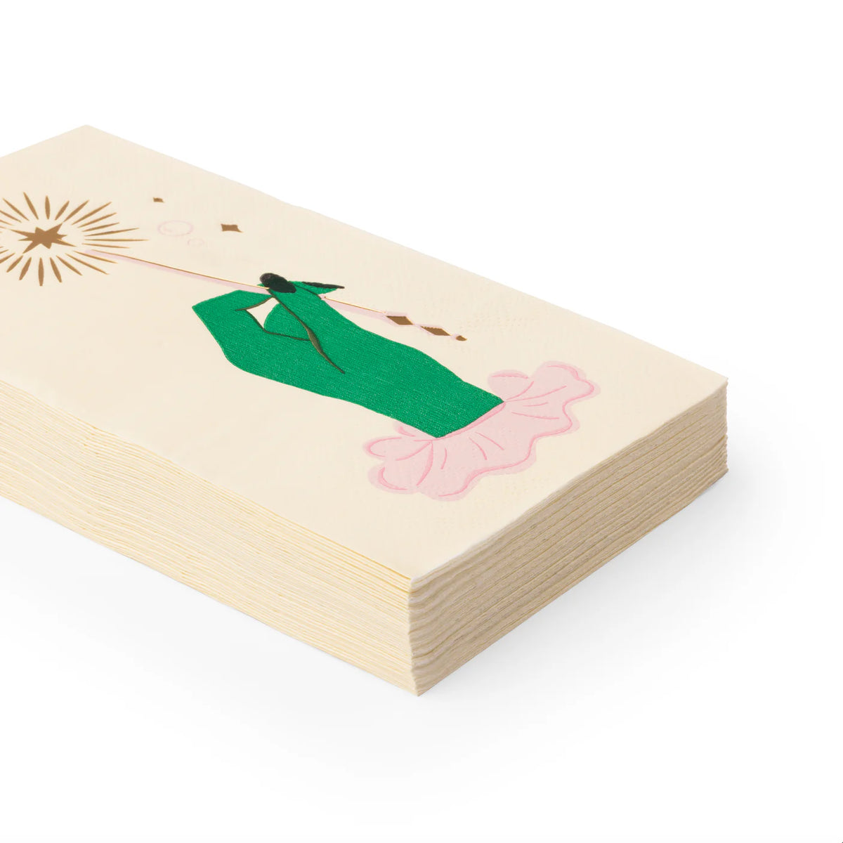 Stack of Magic Wand guest towels showing green witch hand illustration with gold starburst