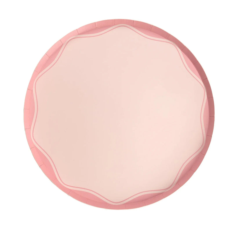 Single blush color block dinner plate with double line border, classic pink paper plates
