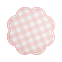 Pink gingham scalloped paper placemat top view, blush pink placemats
