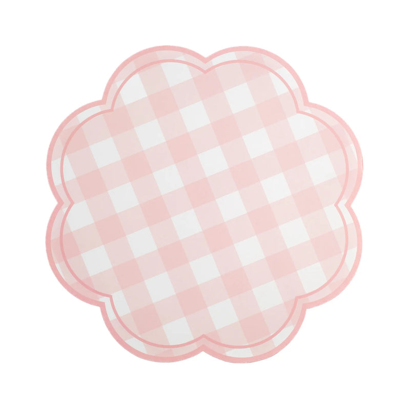 Pink gingham scalloped paper placemat top view, blush pink placemats