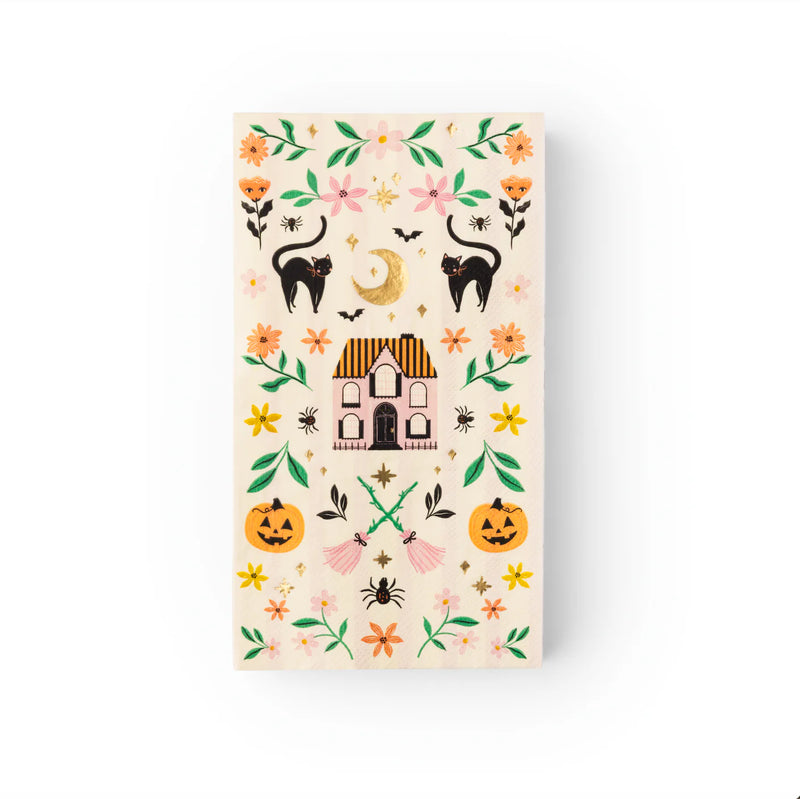 Single guest towel with cottagecore haunted house, cats, moons, and blooms