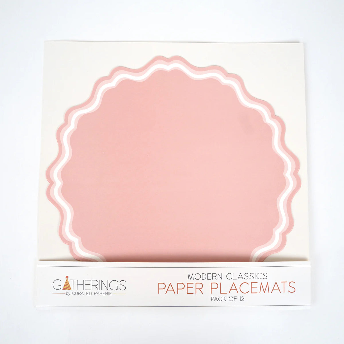 Pack of 12 blush scallop paper placemats, Pink Fancy label shown