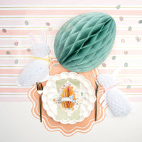 Easter place setting on pink striped pink table runner, sweet for a princess party