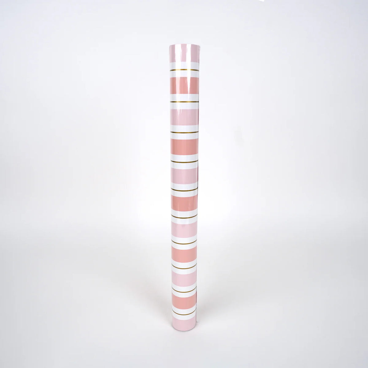 Roll of pink striped paper table runner with gold accents, 18 x 120 inches