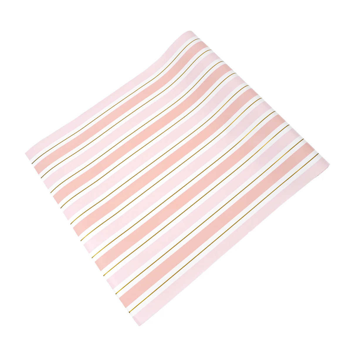 Angled view of pink striped paper table runner sheet, blush bands and gold lines