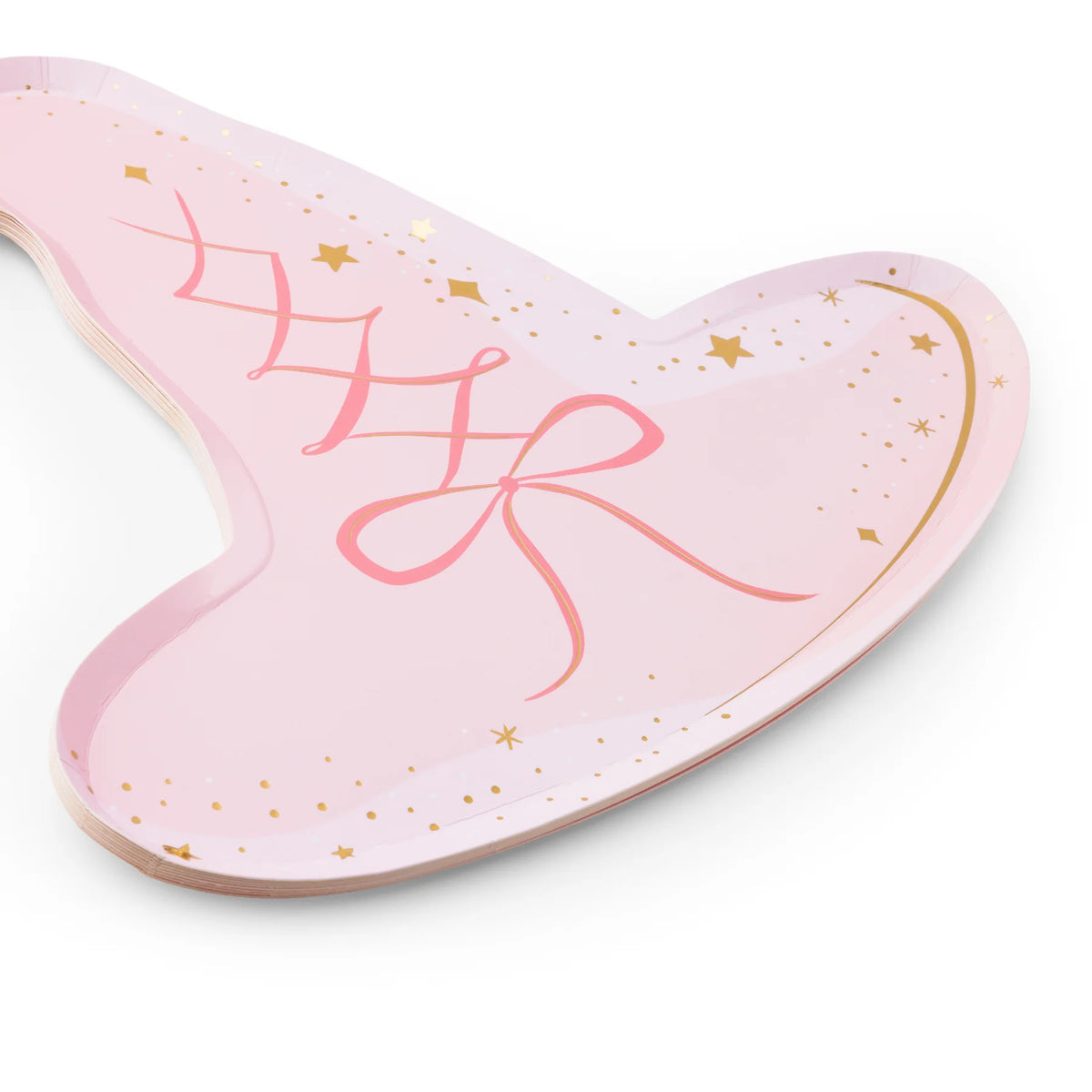 Detail of pink witch hat plate showing bow and gold stars, premium paper plates