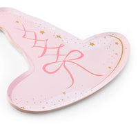 Detail of pink witch hat plate showing bow and gold stars, premium paper plates