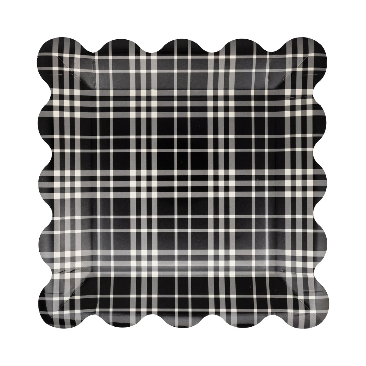 Single black plaid scalloped square paper plate on white background