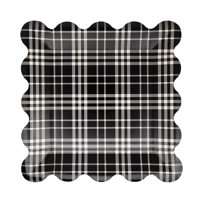 Single black plaid scalloped square paper plate on white background