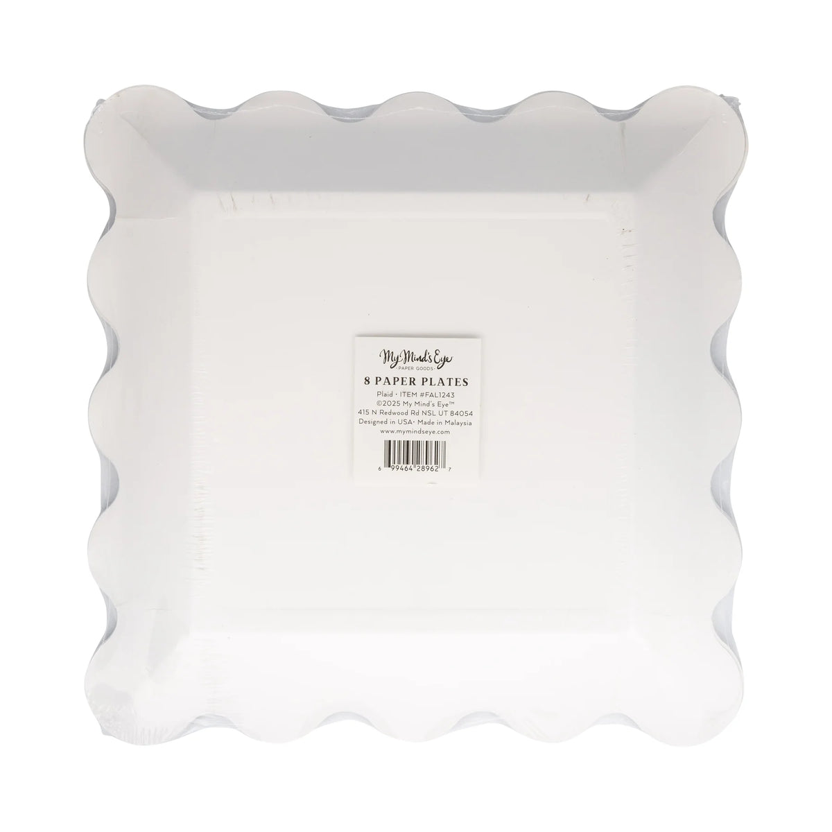 Back of package for plaid scalloped square paper plates, 8 count