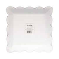 Back of package for plaid scalloped square paper plates, 8 count