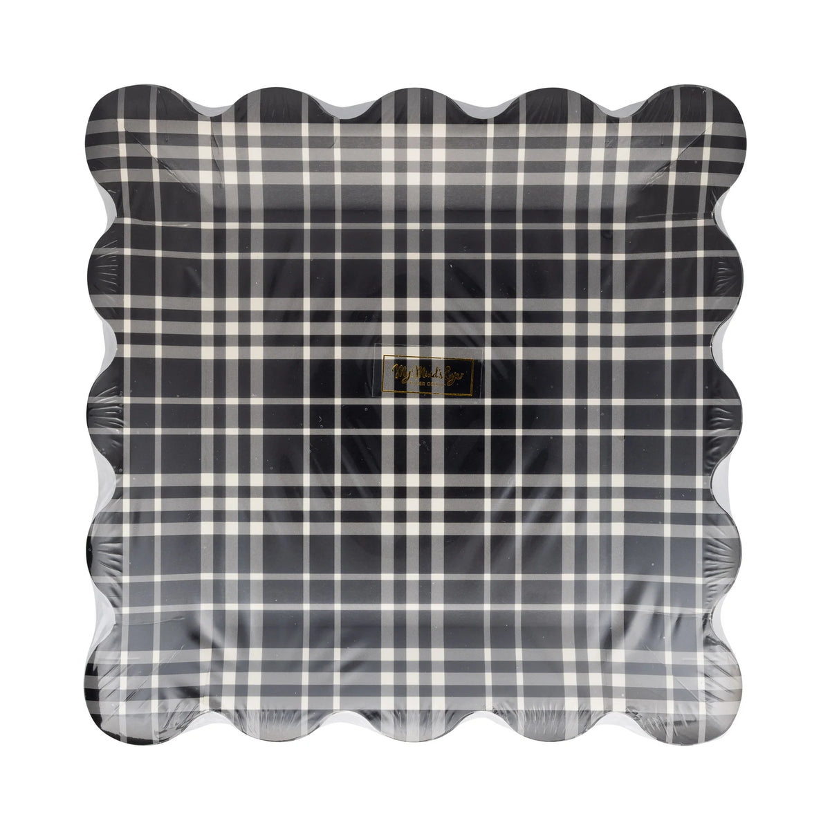 Front pack showing black plaid scalloped square paper plates