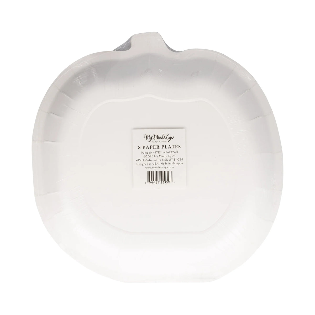 Back of pumpkin shaped paper plates package, 8 count