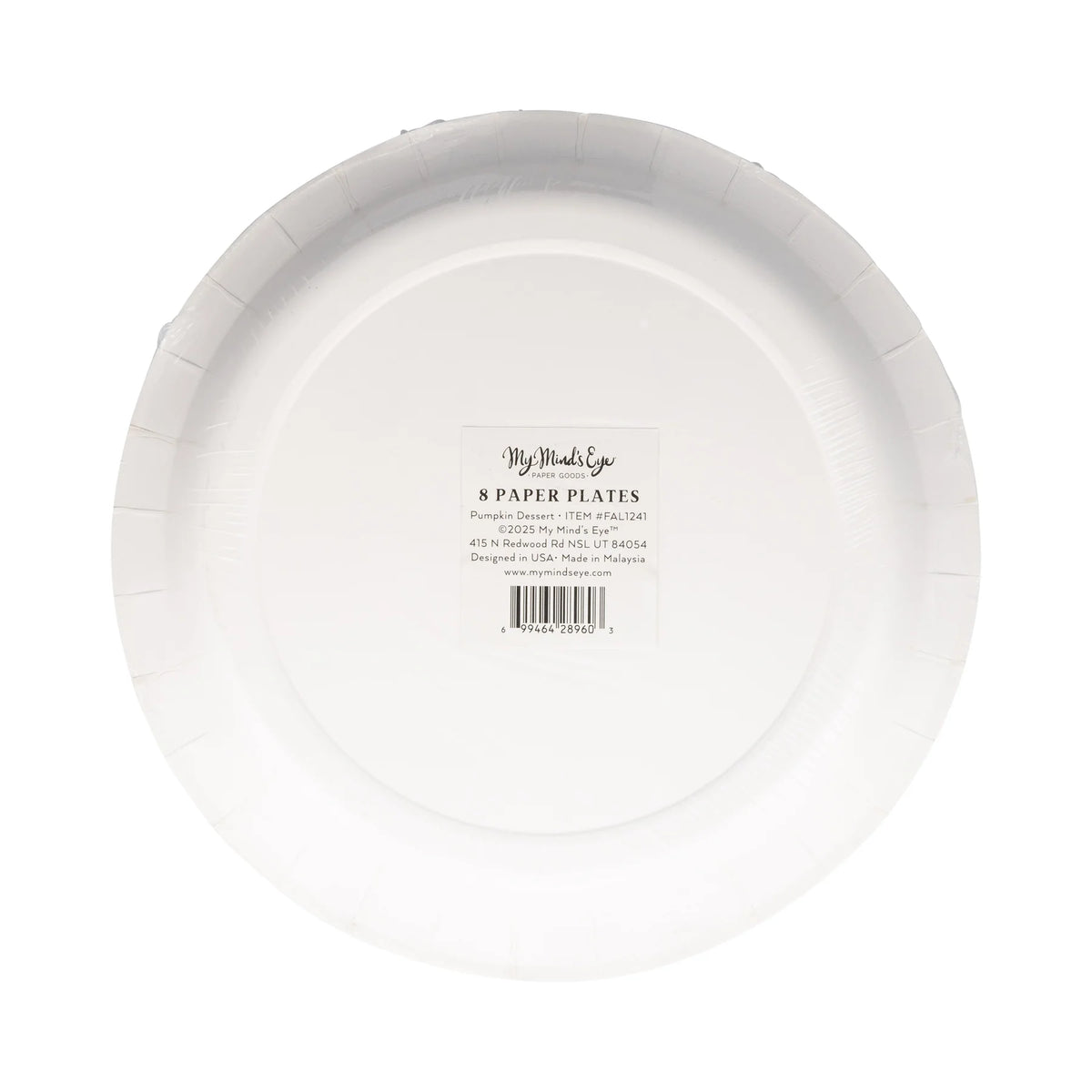 Back of pumpkin round dessert paper plates package, 8 count