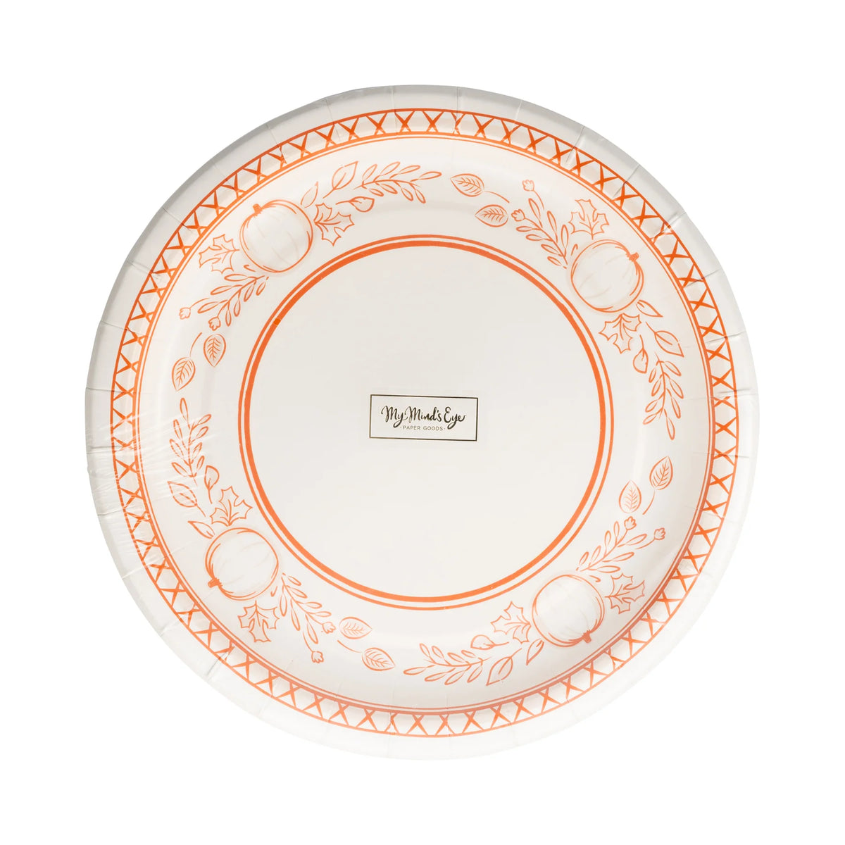 Front pack showing 8 inch round plates with pumpkin border