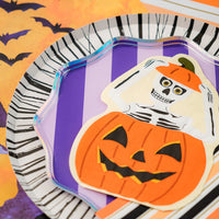 Halloween tablescape using Radiance black plate under pumpkin plate, great for Halloween