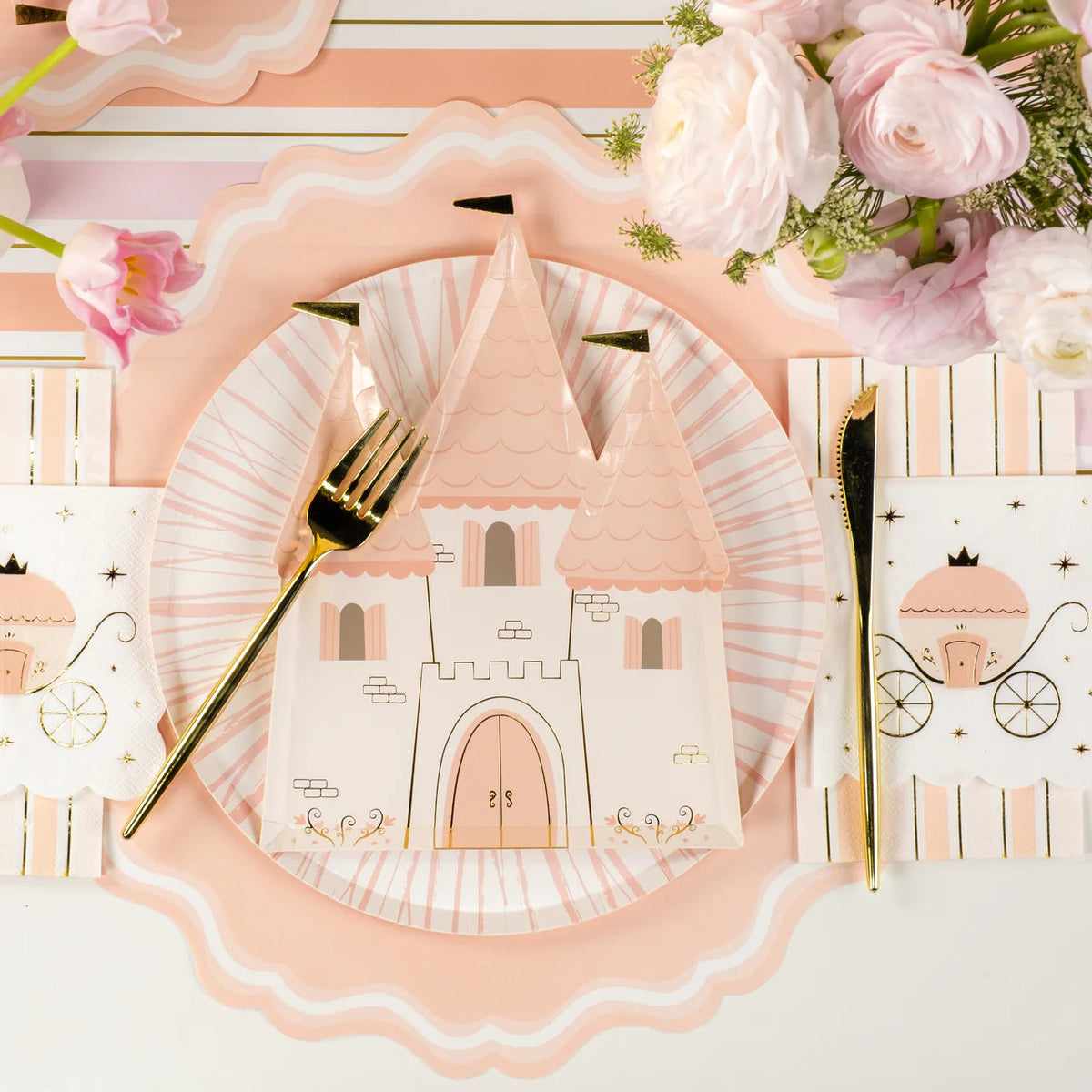 Single place setting with Pink Radiance plate and carriage napkin, ideal for baby girl shower themes