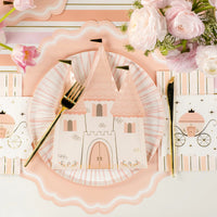 Single place setting with Pink Radiance plate and carriage napkin, ideal for baby girl shower themes
