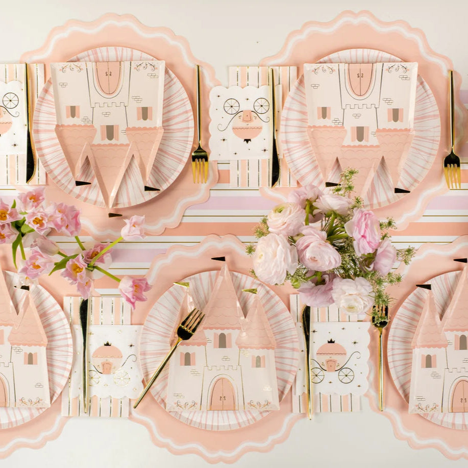 Overhead table using Pink Radiance dinner plates with castle plates, sweet princess birthday party plates