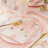 Place setting with castle plate on Pink Radiance dinner plate, blush rays, pink party plates for baby girl shower themes