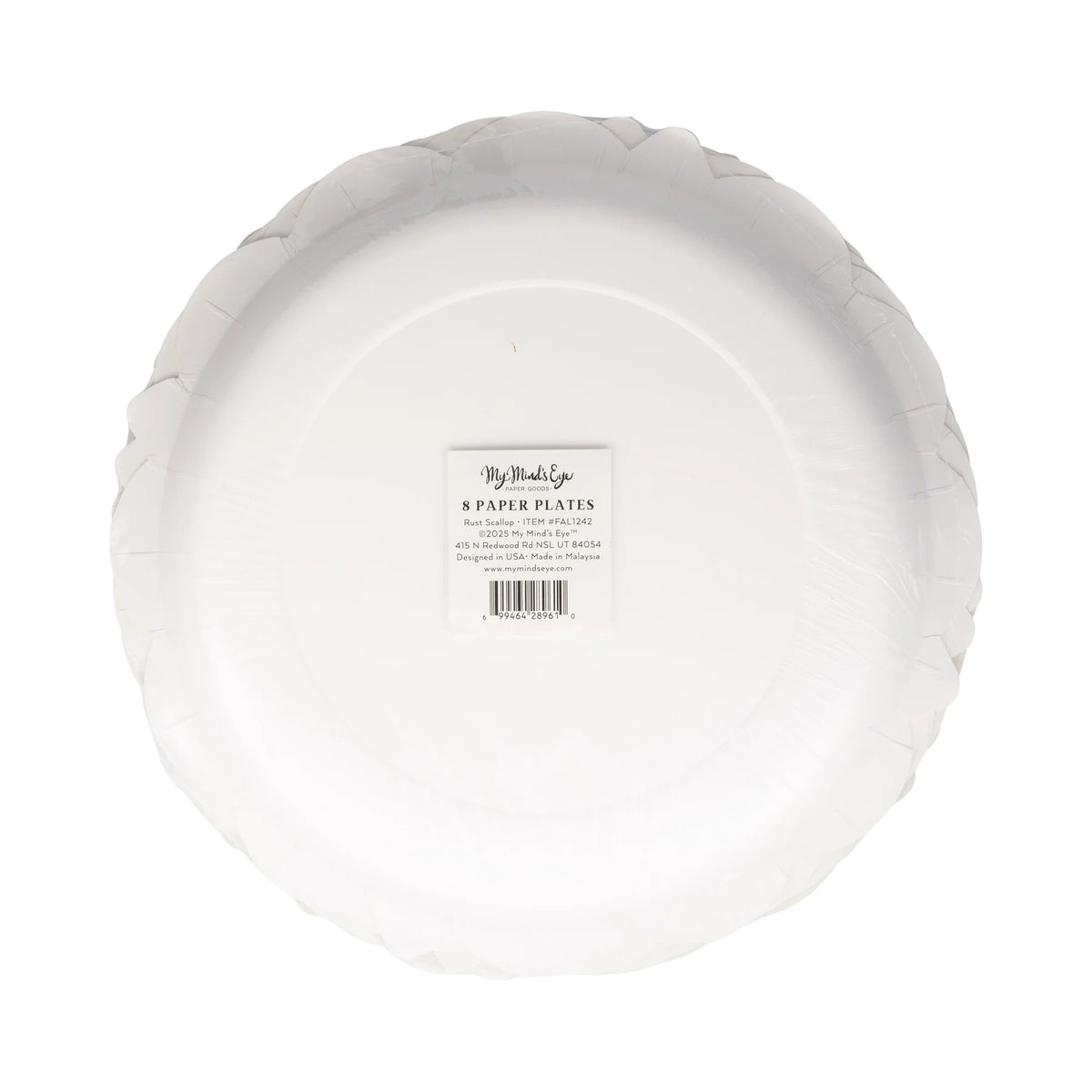 Back of rust scalloped 10 inch paper plates package, 8 count