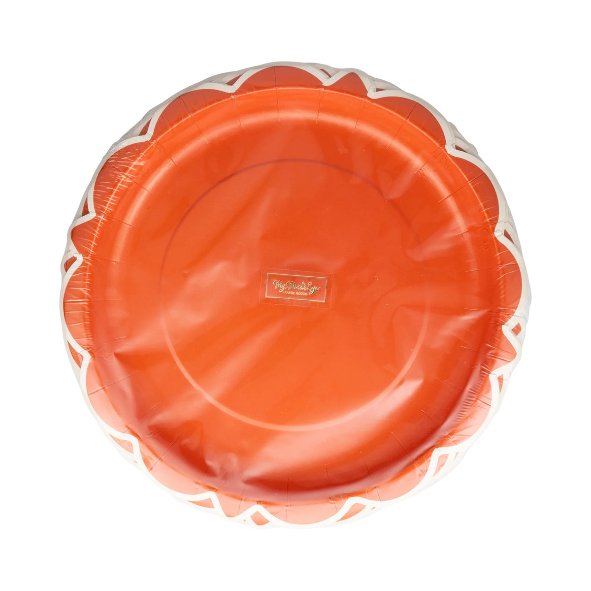 Front pack showing rust orange scalloped round dinner plates