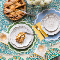 Blue and green table with pie and green edge thanksgiving napkins, classic cocktail size