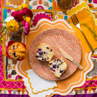 Square view of scallop edge paper guest towels, sage and pumpkin