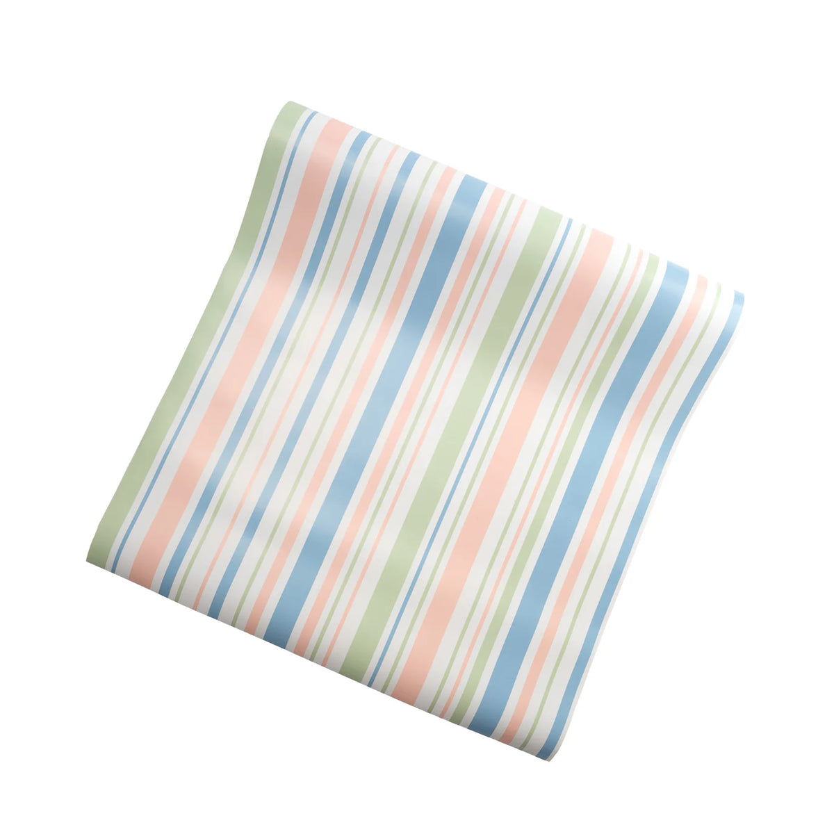 Folded spring pastel stripe paper table runner, soft pink, blue, and mint for a baby shower table