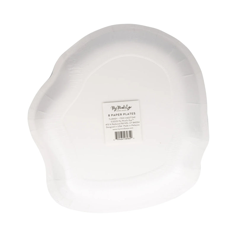 Back of turkey shaped paper plates package, 8 count
