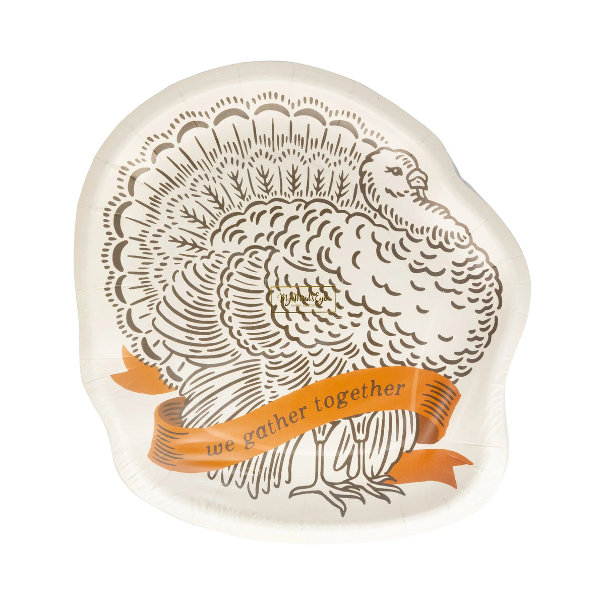 Turkey shaped plate with brown line art and orange We Gather Together banner