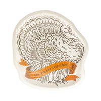 Turkey shaped plate with brown line art and orange We Gather Together banner