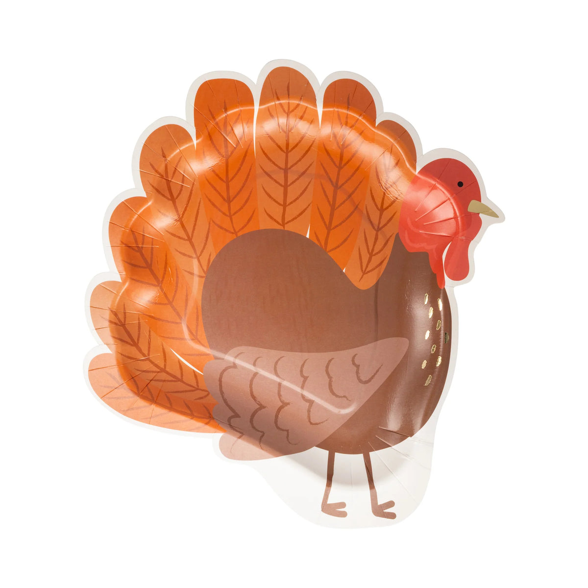 Single turkey shaped plate showing feathers and gold foil accents