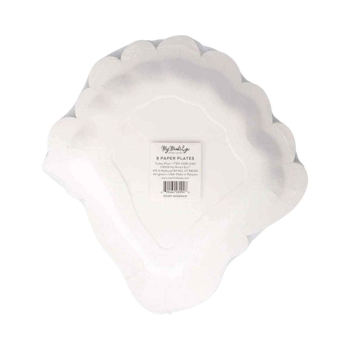 Back of package for turkey shaped paper plates, set of 8