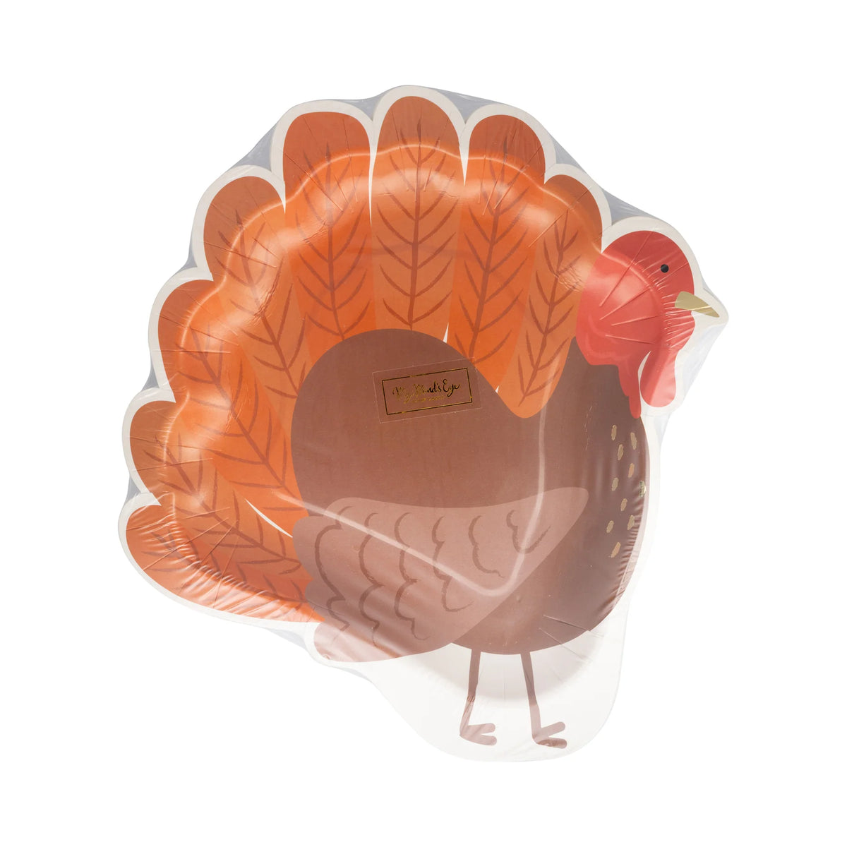 Front view of turkey shaped Thanksgiving paper plates with gold foil