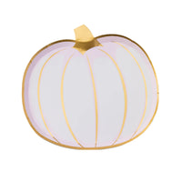 Single white pumpkin plate with gold foil details on white background