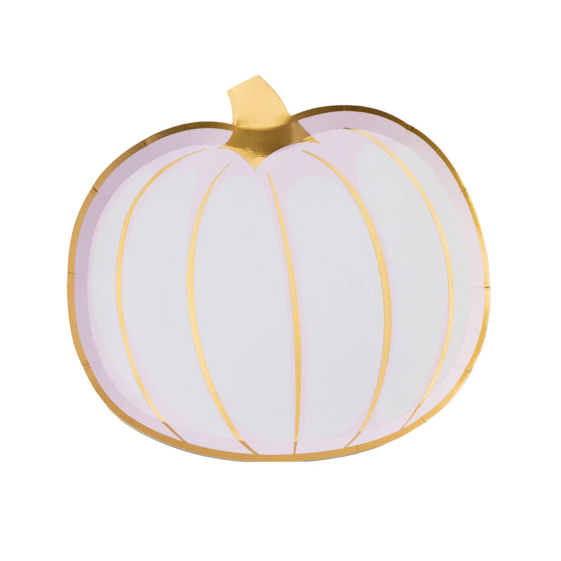 Single white pumpkin plate with gold foil details on white background