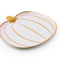 Stack of white and gold pumpkin small plates with foil stem and rim, 8.75 inch