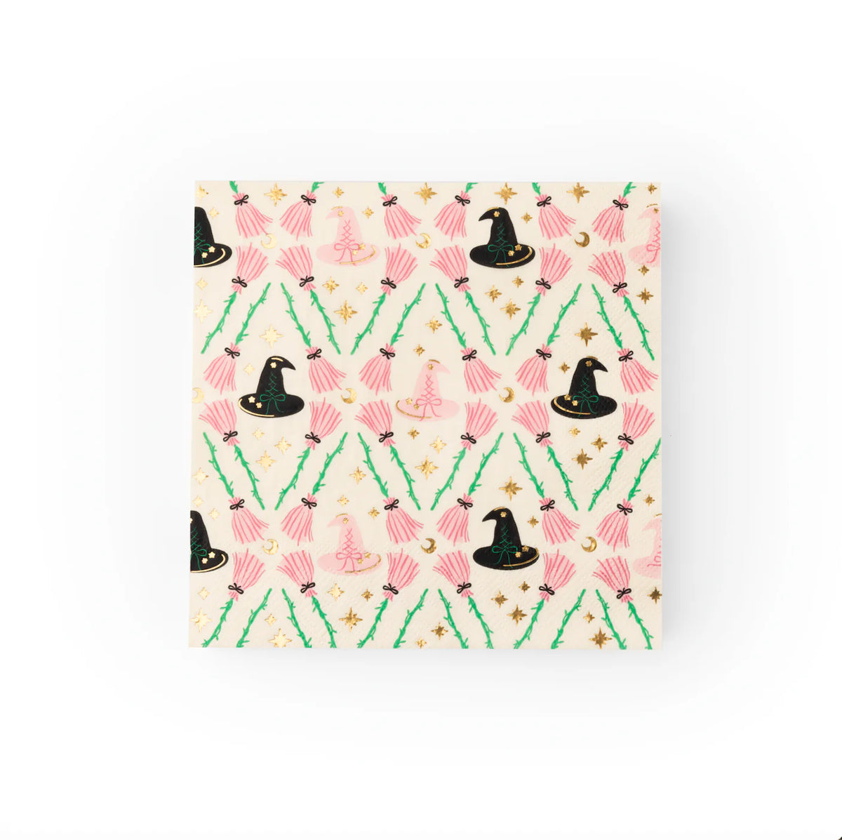 Single square lunch napkin with repeating witch hats and brooms pattern