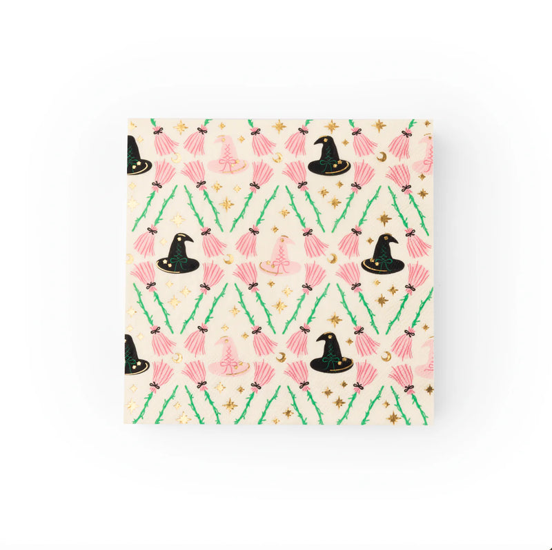 Single square lunch napkin with repeating witch hats and brooms pattern