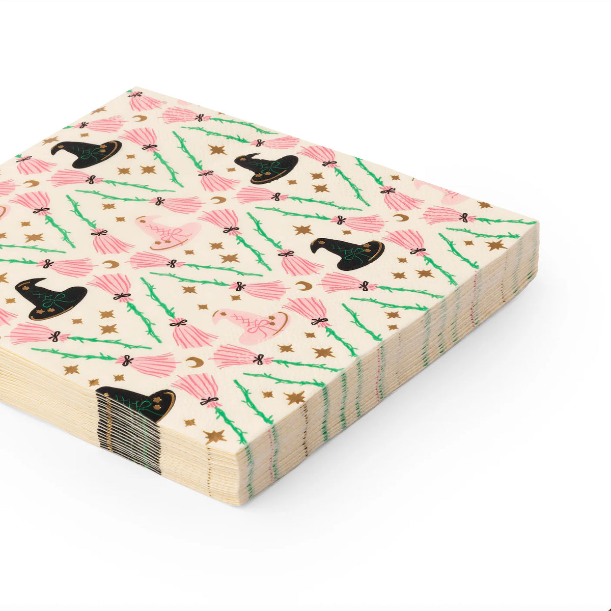 Side stack of large lunch napkins with pink and green witch hats, brooms, stars, and moons