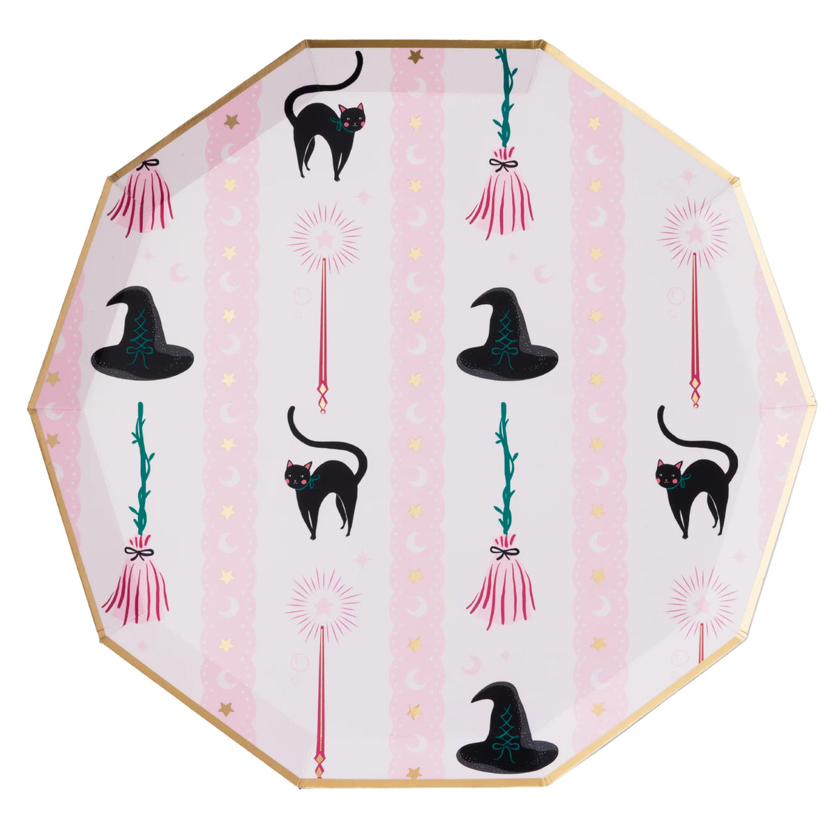 Decorative plate with Halloween-themed design featuring black cats, witch hats, and brooms on a pink background.