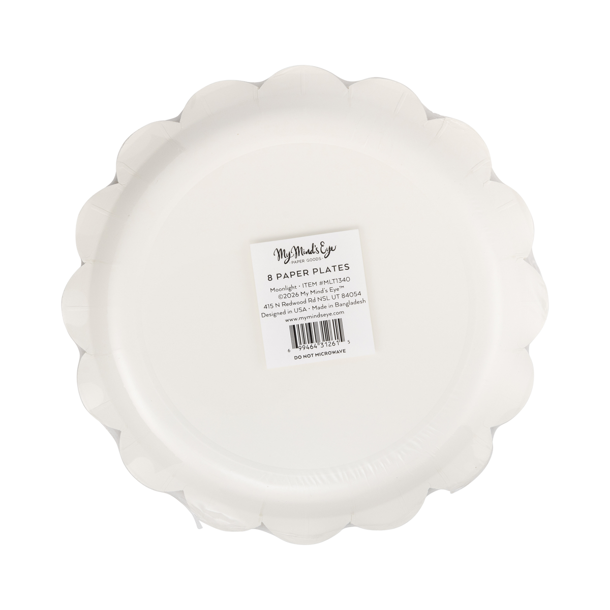 Back of the Moonlight paper plate showing the plain cream scalloped shape and "8 Paper Plates" packaging label.